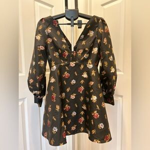 Anthropologie Black Floral V-Neck Long Sleeve A-Line Dress